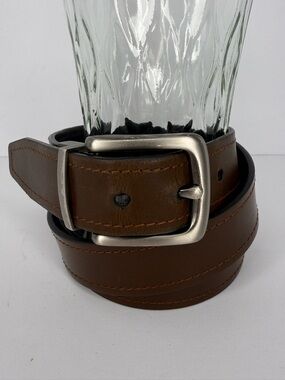 Fossil Brown Leather Belt with Brushed Silver Buckle